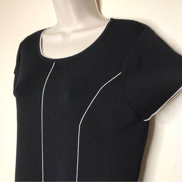 Vintage Carducci Black Cream Seaming Trim Short Sleeve Round Neck 90s Top Large - Picture 3 of 11